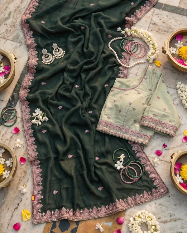 Deep_Green_Chocolate_Silk_Floral_Border_Saree_With_Blouse_Piece_For_Women