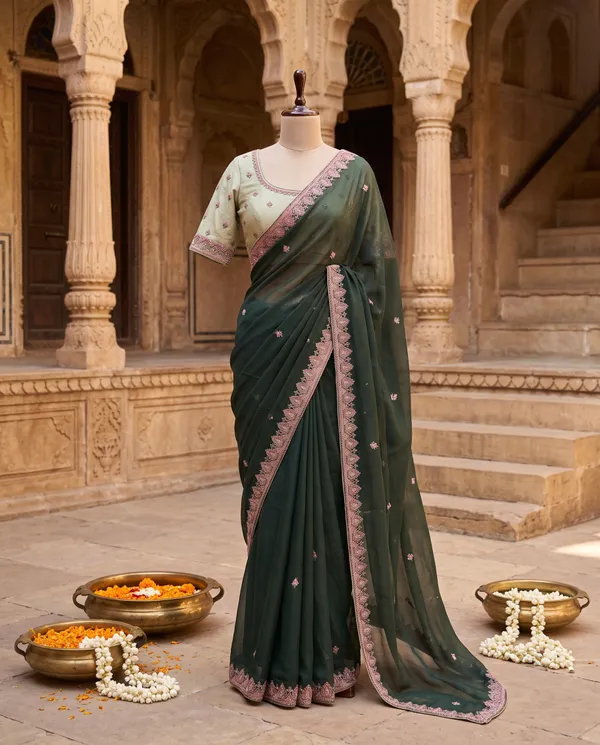 Deep_Green_Chocolate_Silk_Floral_Border_Saree_With_Blouse_Piece_For_Women
