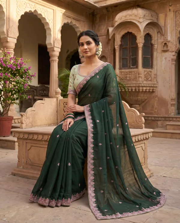 Deep_Green_Chocolate_Silk_Floral_Border_Saree_With_Blouse_Piece_For_Women