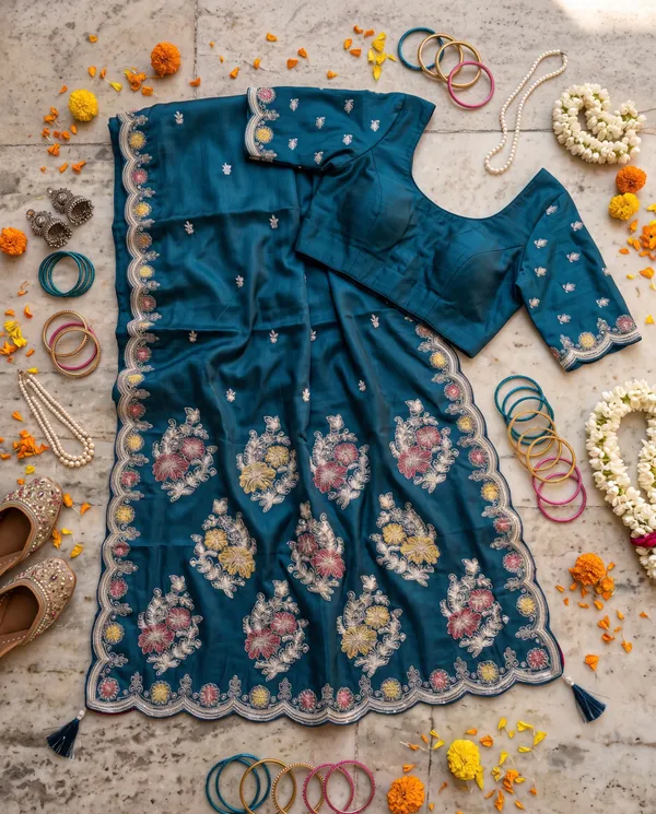 Peacock_Blue_H.O_Silk_Embroidered_Saree_With_Blouse_Piece_For_Women