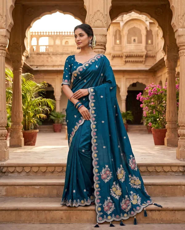 Peacock_Blue_H.O_Silk_Embroidered_Saree_With_Blouse_Piece_For_Women