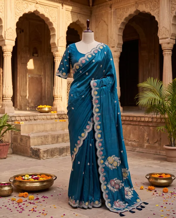 Peacock_Blue_H.O_Silk_Embroidered_Saree_With_Blouse_Piece_For_Women
