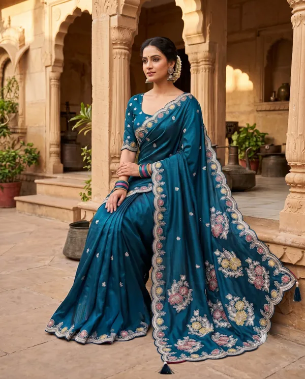 Peacock_Blue_H.O_Silk_Embroidered_Saree_With_Blouse_Piece_For_Women