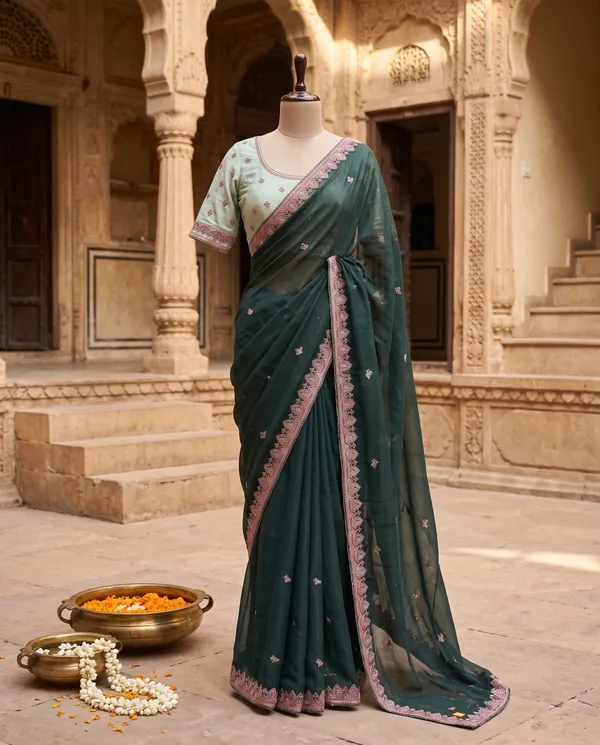 Bottle_Green_Chocolate_Silk_Floral_Embroidered_Saree_With_Blouse_Piece_For_Women