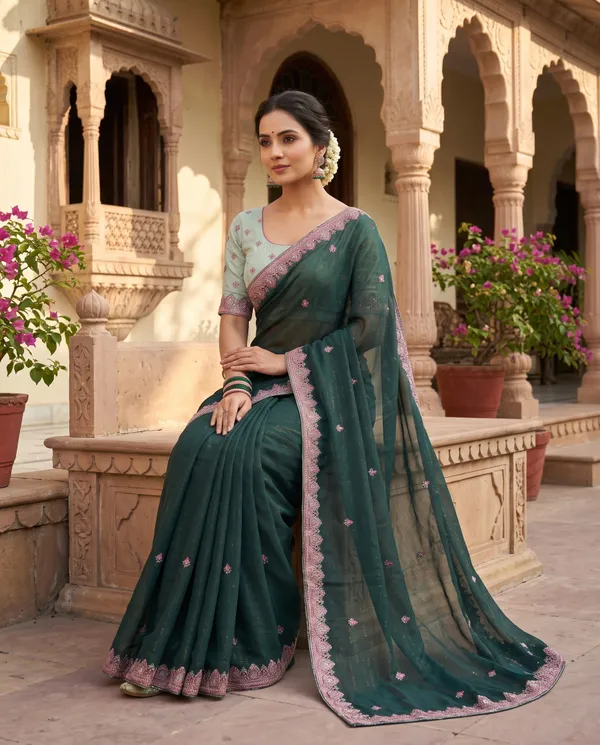 Bottle_Green_Chocolate_Silk_Floral_Embroidered_Saree_With_Blouse_Piece_For_Women