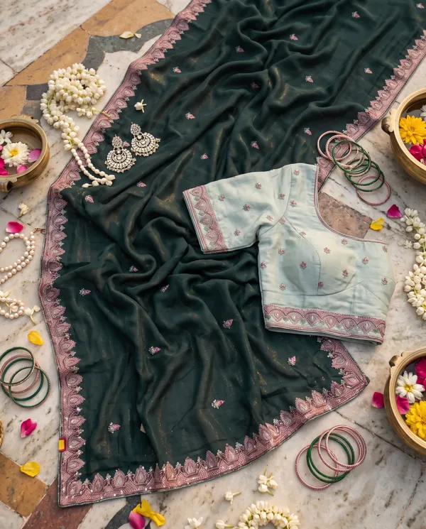 Bottle_Green_Chocolate_Silk_Floral_Embroidered_Saree_With_Blouse_Piece_For_Women