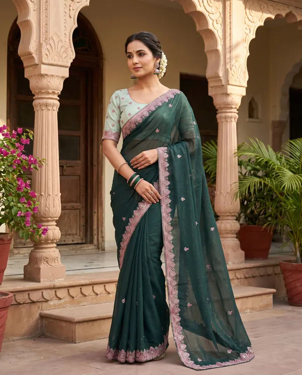 Bottle_Green_Chocolate_Silk_Floral_Embroidered_Saree_With_Blouse_Piece_For_Women