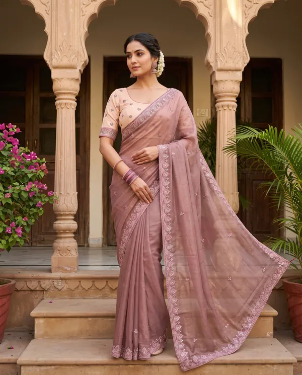 Light_Brown_Silk_Embroidered_Saree_With_Blouse_Piece_For_Women