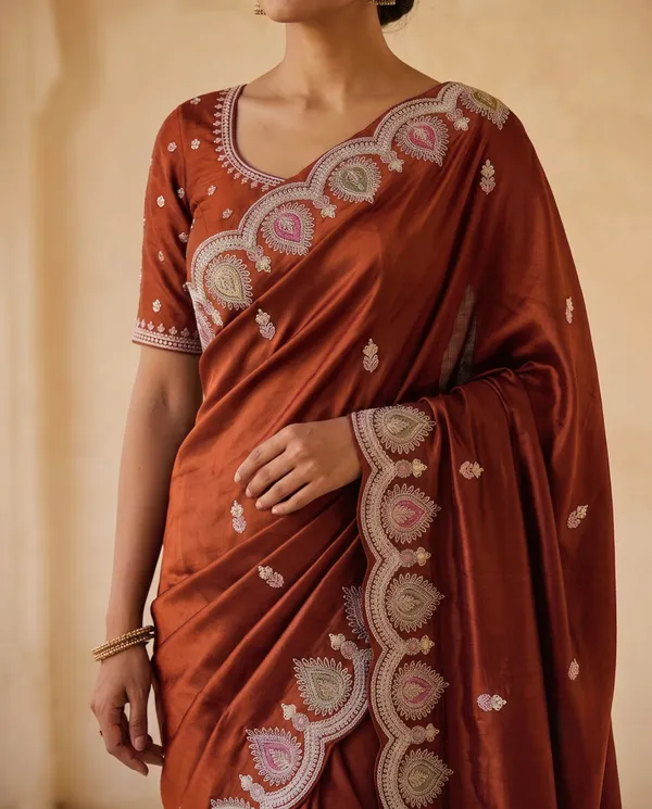 Rust_Orange_H.O_Silk_Embellished_Saree_With_Blouse_Piece_For_Women