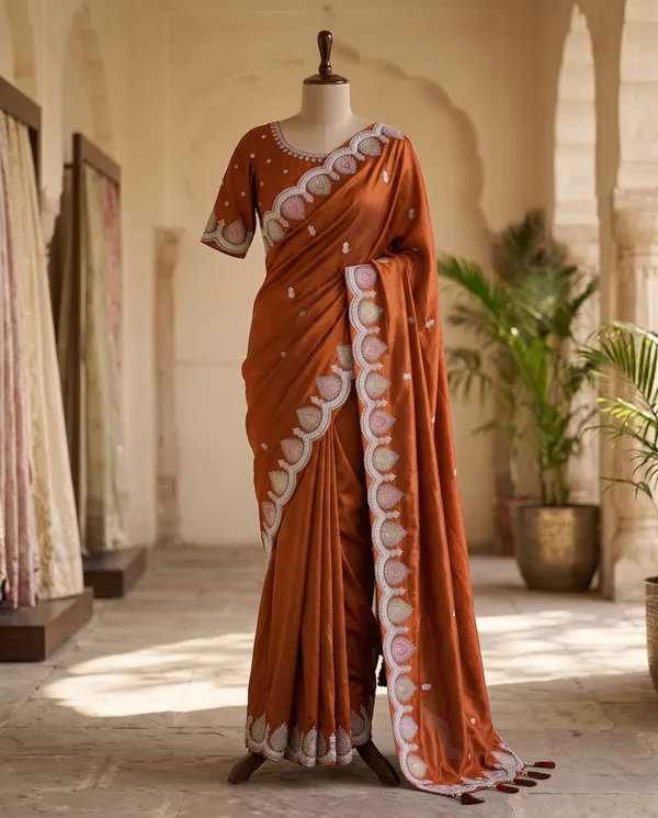 Rust_Orange_H.O_Silk_Embellished_Saree_With_Blouse_Piece_For_Women
