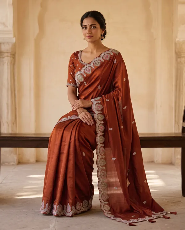 Rust_Orange_H.O_Silk_Embellished_Saree_With_Blouse_Piece_For_Women