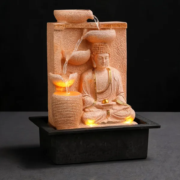 Resin_Classic_Diya_Samadhi_Buddha_LED_Indoor_Water_Fountain_Sandstone
