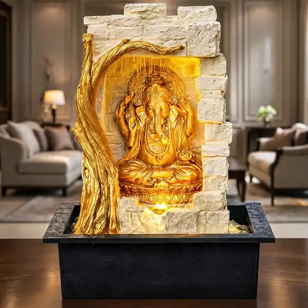 Resin_Classic_Rock_Barish_Ganesha_LED_Indoor_Water_Fountain_Cream_Golden