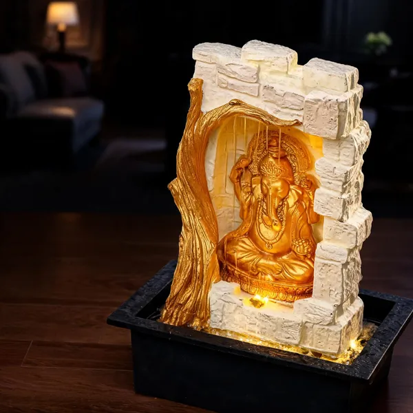 Resin_Classic_Rock_Barish_Ganesha_LED_Indoor_Water_Fountain_Cream_Golden