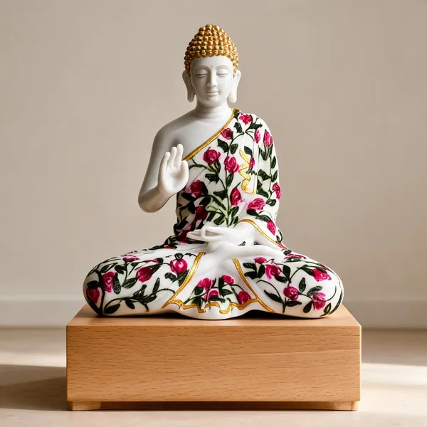 Uag_Exports_Resin_Gautam_Buddha_Statue_White_Rose_Flower