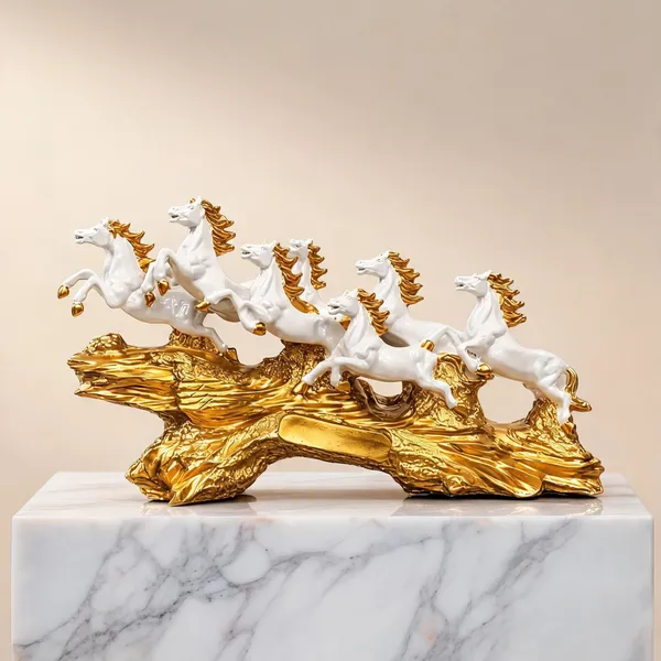 Uag_Exports_Resin_7_Running_Horses_Statue_White_Golden