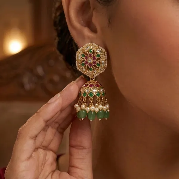 Noorika_Kundan_Pearl_Jhumka_Earrings_With_Green_Bead_Drops_For_Women_Default_Title