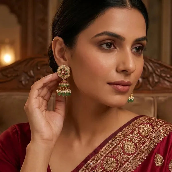 Noorika_Kundan_Pearl_Jhumka_Earrings_With_Green_Bead_Drops_For_Women_Default_Title