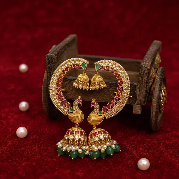 Mayur_Kundan_Earcuff_Jhumki_Earrings_With_Pearl_Green_Bead_Drops_For_Women_Default_Title