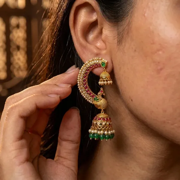 Mayur_Kundan_Earcuff_Jhumki_Earrings_With_Pearl_Green_Bead_Drops_For_Women_Default_Title