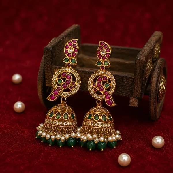 Noor_E_Mayur_Kundan_Jhumka_Earrings_With_Pearl_Green_Bead_Drops_For_Women_Default_Title