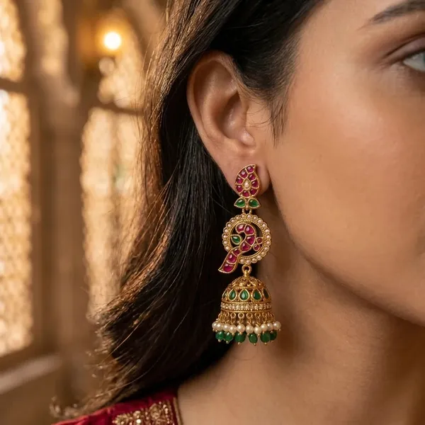 Noor_E_Mayur_Kundan_Jhumka_Earrings_With_Pearl_Green_Bead_Drops_For_Women_Default_Title
