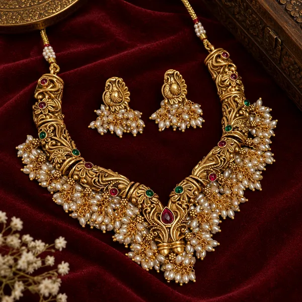 Antique_Temple_Pearl_Necklace_Set_With_Ruby_Emerald_Female_High_Quality_Brass_With_Antique_Gold_Plating_Ruby_Emerald_Stones_And_Faux_Pearl_Beads_Imitation_Jewelry