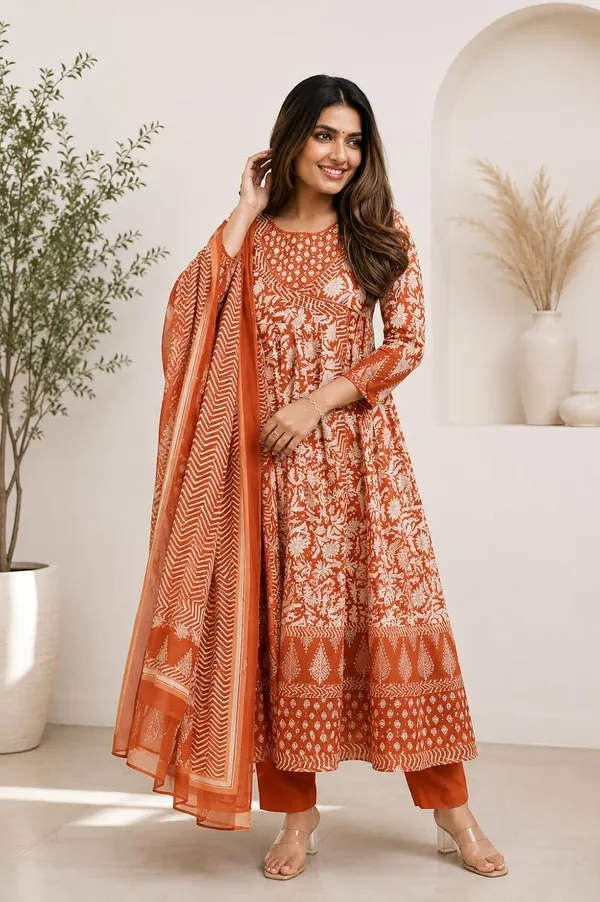 Women_S_Cotton_Anarkali_Kurti_With_Pant_And_Dupatta_Set