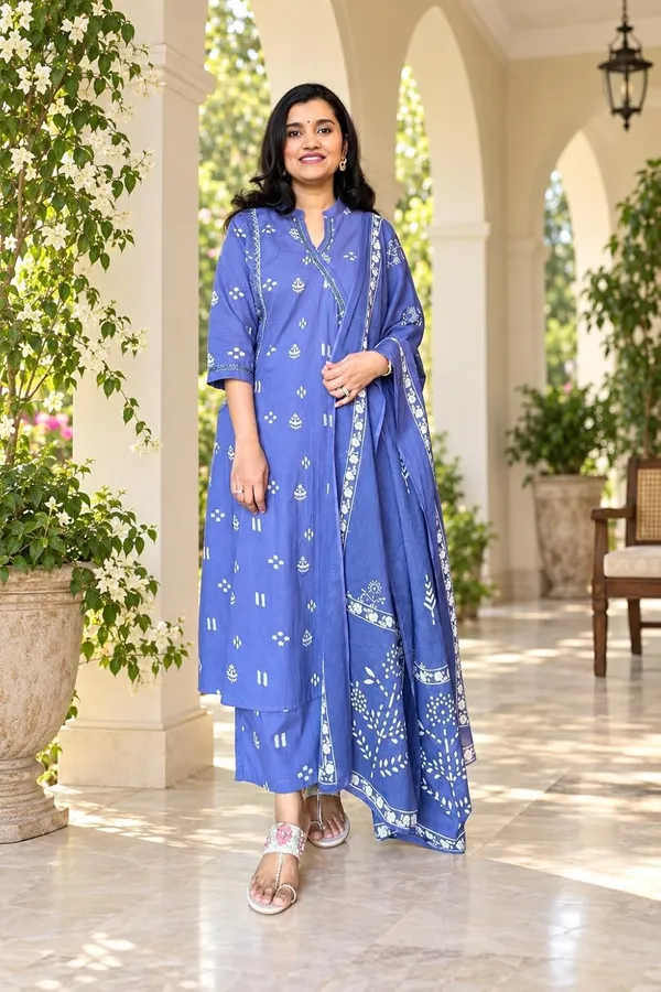 Women_S_Cotton_Embroidered_Anarkali_Kurti_With_Pant_And_Dupatta_Set
