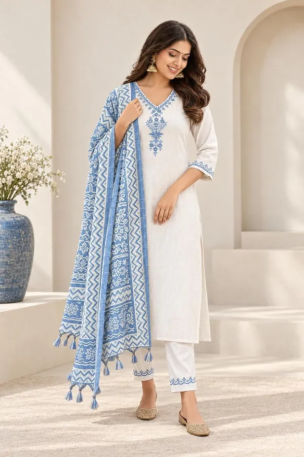 Women_S_Cotton_Embroidered_Kurti_With_Pant_And_Dupatta_Set