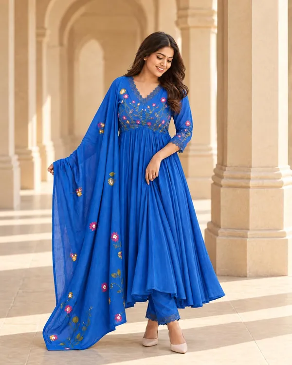 Women_S_Cotton_Embroidered_Anarkali_Kurti_With_Pant_And_Dupatta_Set