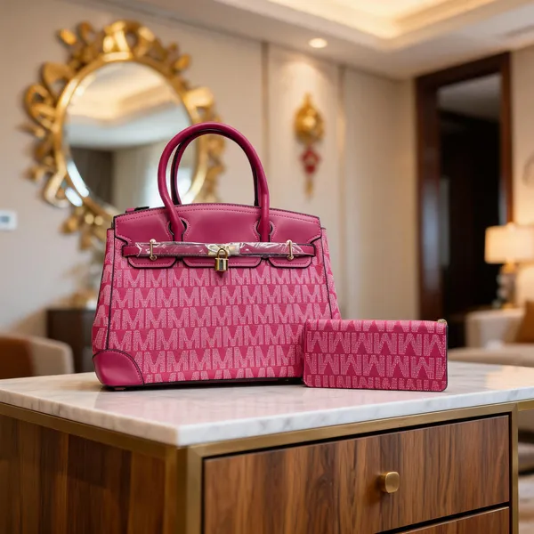 Pink_Textured_Tote_Handbag_Set_for_Women