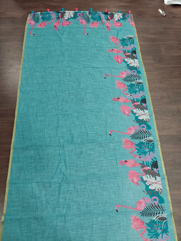 Turquoise_Blue_Printed_Saree_With_Blouse_Piece