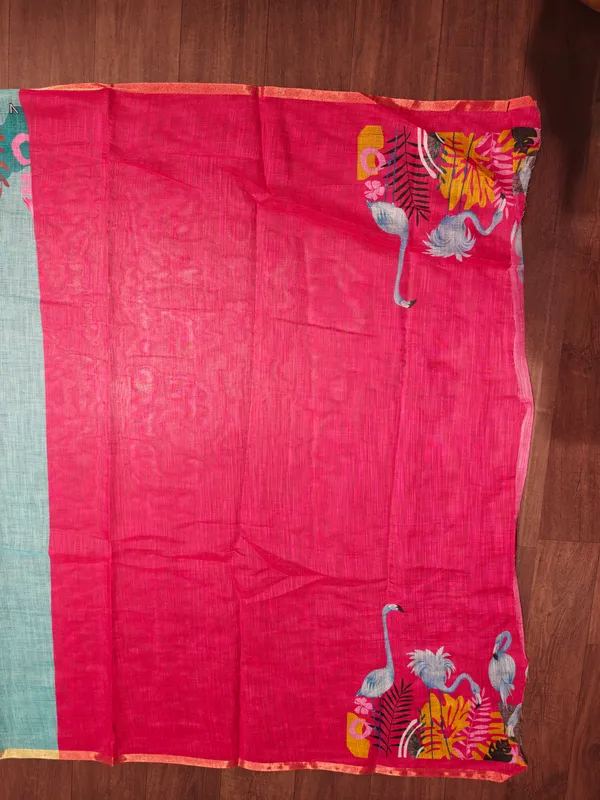 Turquoise_Blue_Printed_Saree_With_Blouse_Piece