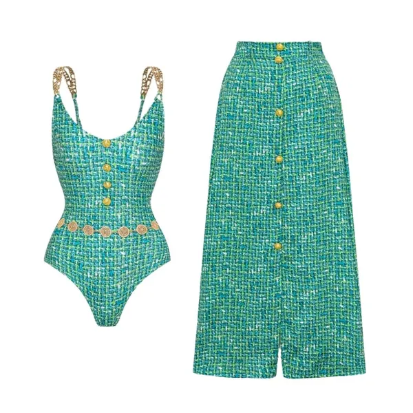 Green_Textured_Bodysuit_And_Skirt_Set_for_Women