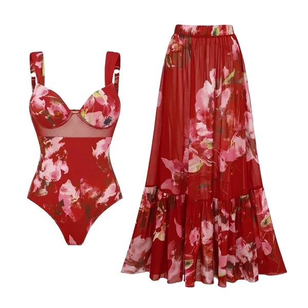 Red_Floral_Swimsuit_And_Skirt_Set_For_Women