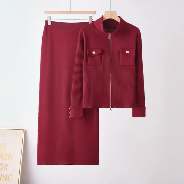 Burgundy_Ribbed_Knit_Jacket_And_Skirt_Set_for_Women
