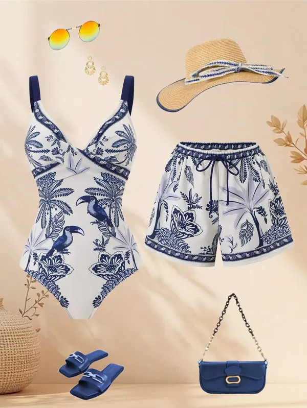 Blue_Printed_Swimsuit_And_Shorts_Set_for_Women