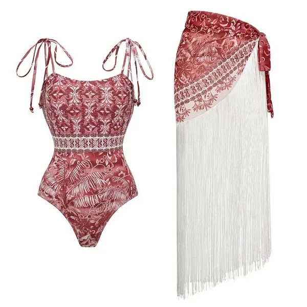 Maroon_Printed_One_Piece_Swimsuit_With_Fringe_Cover_Up_for_Women