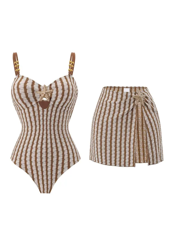 Brown_Striped_Swimsuit_And_Skirt_Set_for_Women