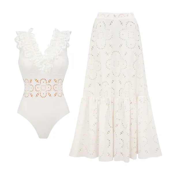 White_Cutwork_Swimsuit_And_Skirt_Set_for_Women