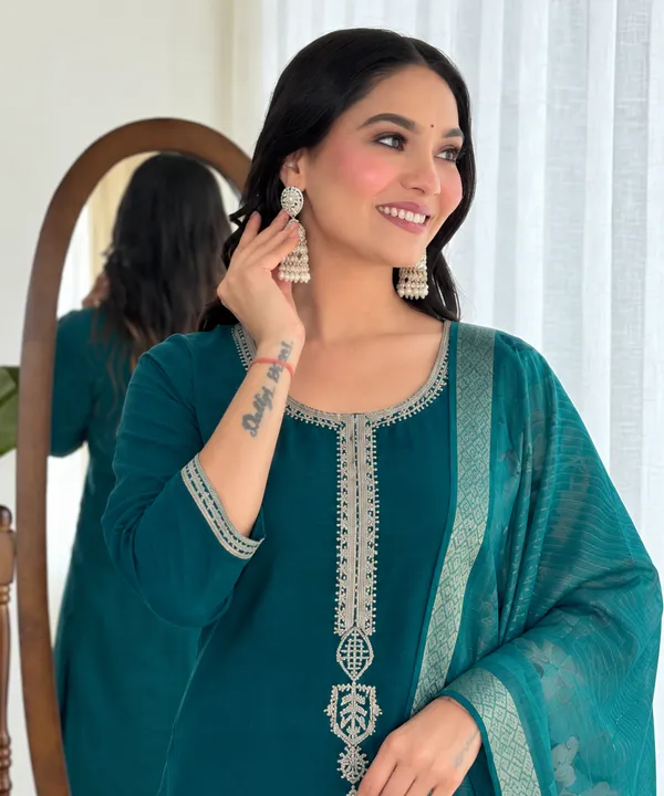 Teal_Embroidered_Straight_Kurta_Set_For_Women