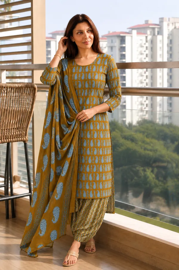 Mustard_Printed_Straight_Kurta_Set_For_Women