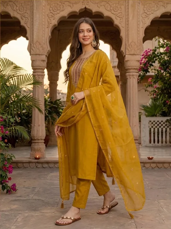Mustard_Embroidered_Straight_Kurta_Set_For_Women