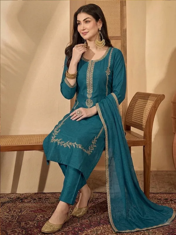 Teal_Embroidered_Straight_Salwar_Suit_Set_For_Women