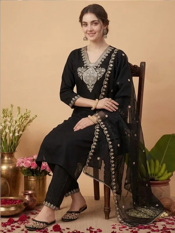 Black_Embroidered_Straight_Kurta_Set_For_Women