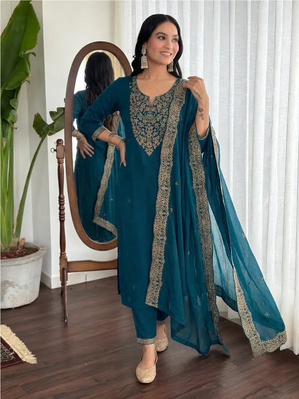 Teal_Embroidered_Straight_Salwar_Suit_Set_For_Women