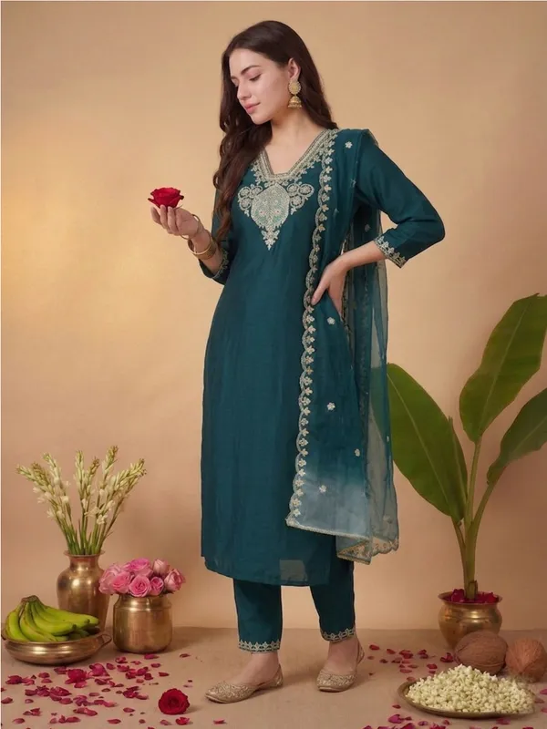 Teal_Embroidered_Straight_Kurta_Set_For_Women