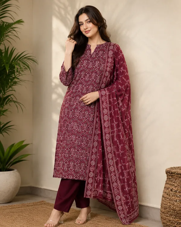 Maroon_Printed_Straight_Kurta_Set_For_Women