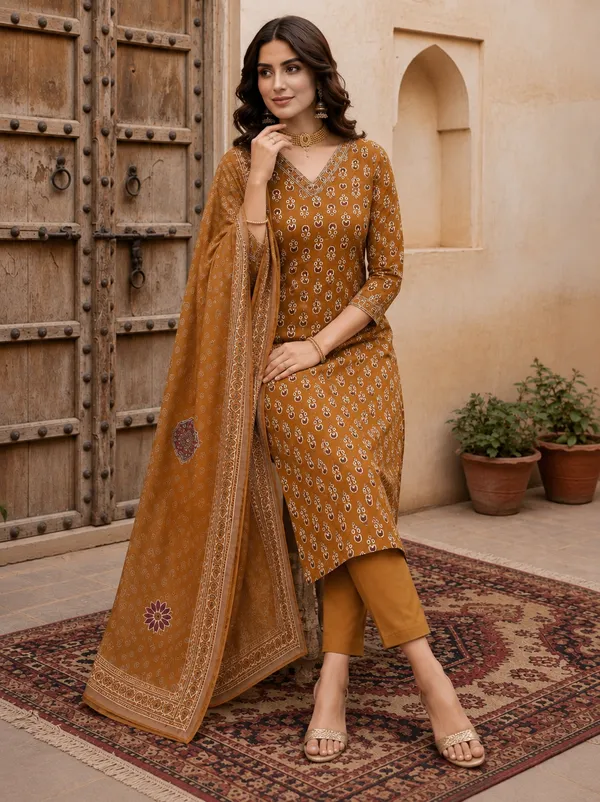 Mustard_Brown_Floral_Printed_Straight_Kurta_Set_For_Women
